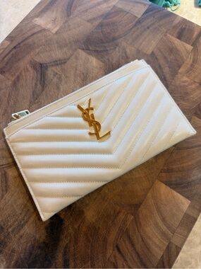 YSL Creme Quilted Zip Clutch with Gold Logo